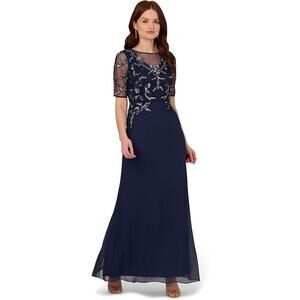 Adrianna Papell Beaded Jewel Chiffon Floral Embellished Long Dress Navy 10 NWT
